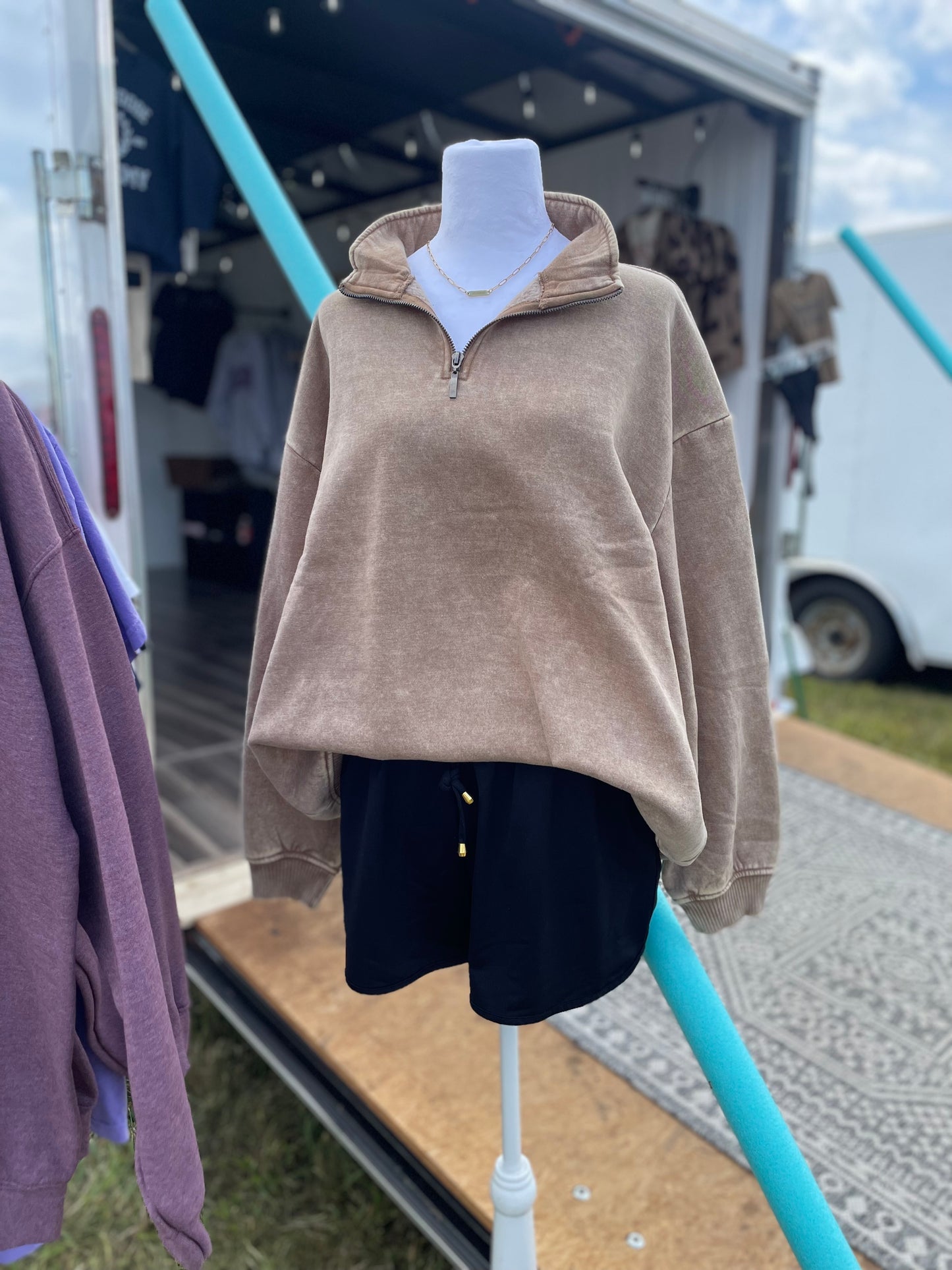 Deep Camel Acid Wash Fleece Half Zip Pullover