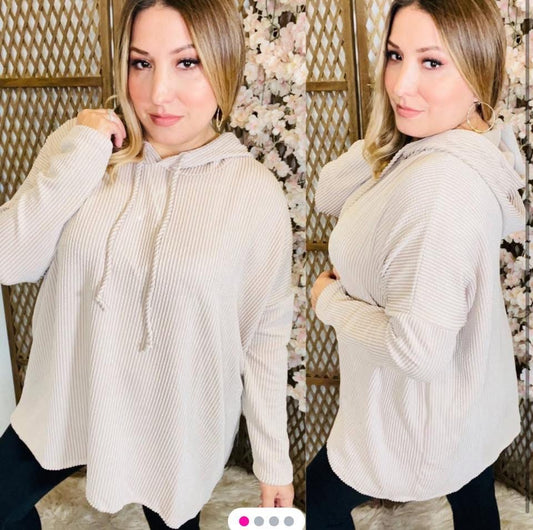 Cream Long Sleeve Rib Hooded Top