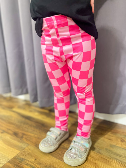 Girls Pink Checkered Leggings