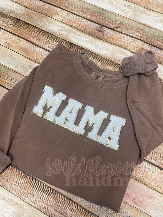 Varsity Font Mama Patch - White