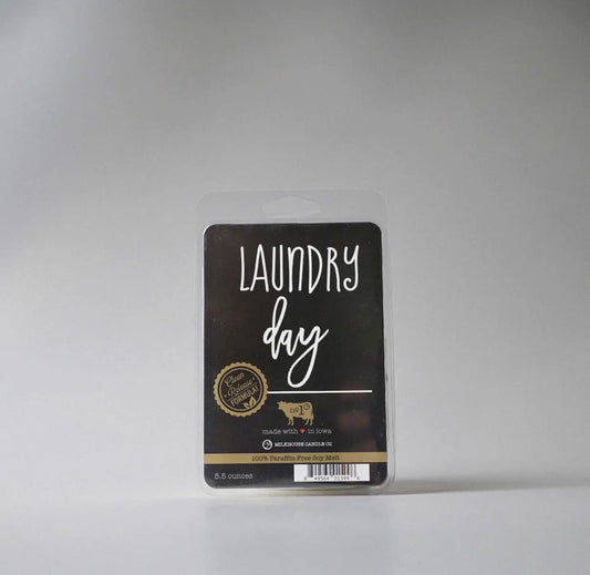 Wax melts product with 'Laundry day' label on a gray background
