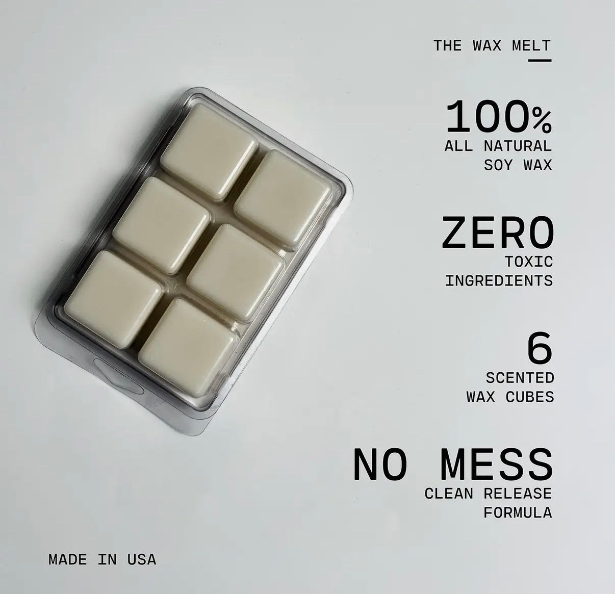 Pack of six scented wax cubes with packaging details on a light gray background