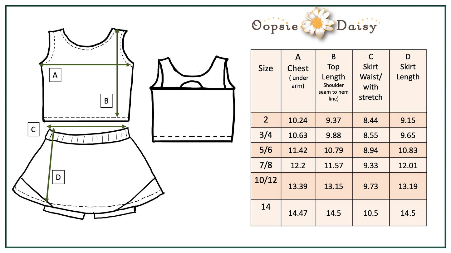 Measurement chart for children's dresses with Oopsie Daisy branding