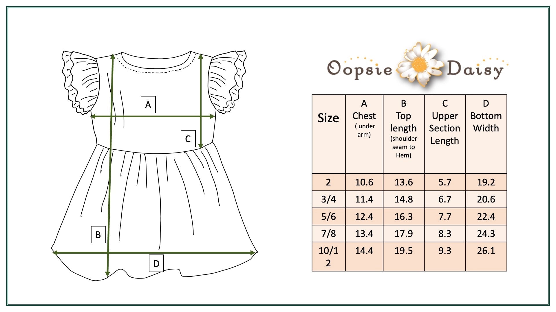 Measurement chart for a children's shirt with dimensions labeled and 'Oopsie Daisy' branding.