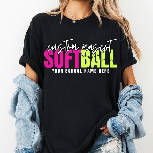 Black t-shirt with 'custom mascot SOFTBALL YOUR SCHOOL NAME HERE' text, worn by a person with a denim jacket.