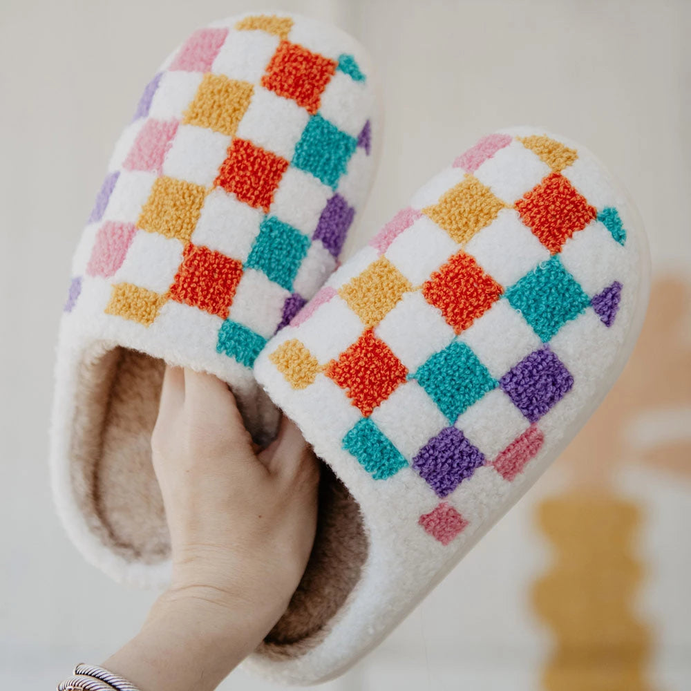 Multicolored Checkered Sherpa Slippers