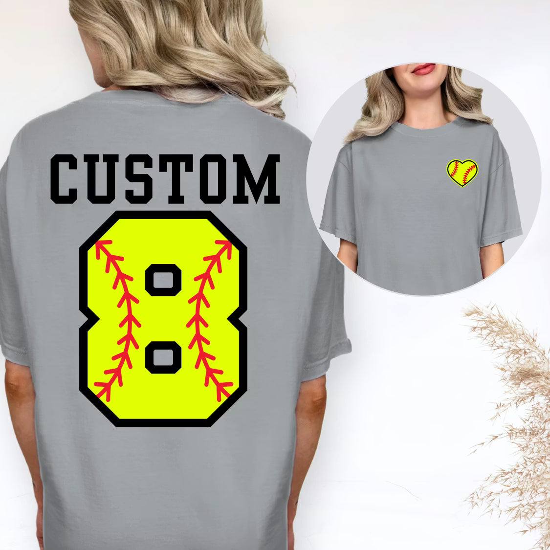 Gray t-shirt with 'CUSTOM 8' softball design on the back, featuring a yellow heart and red stitches on the front.
