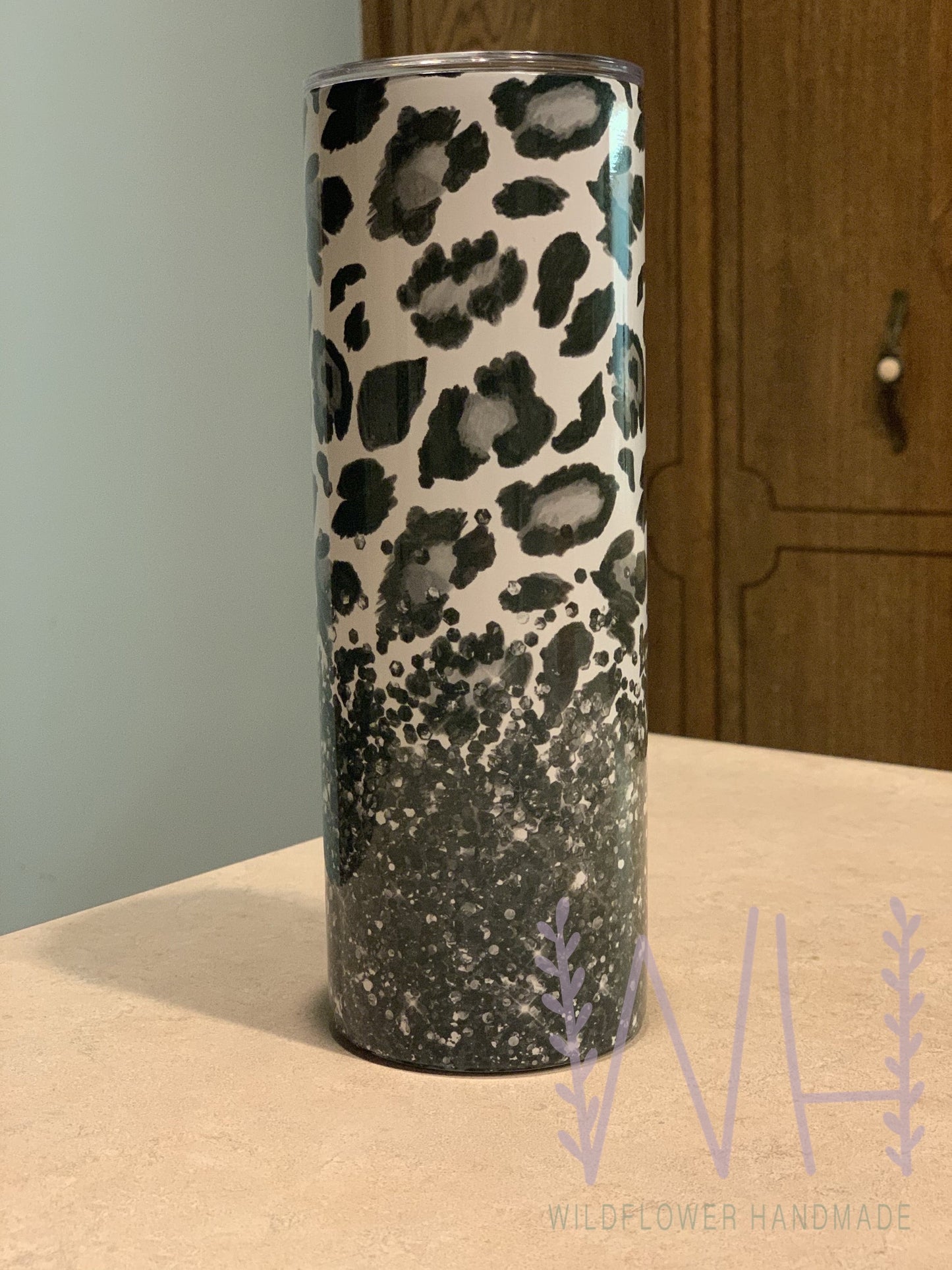 Black Glitter Leopard Tumbler